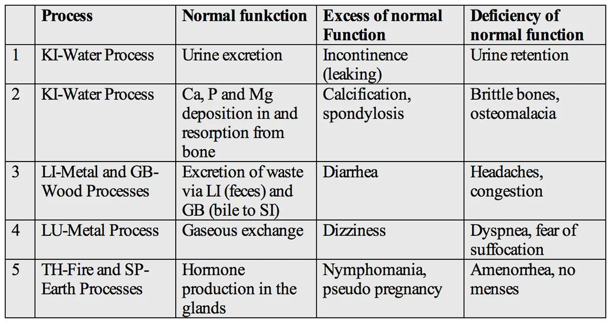 Image of table: five examples of Processes essential for life and what happens when these become Process Imbalances.